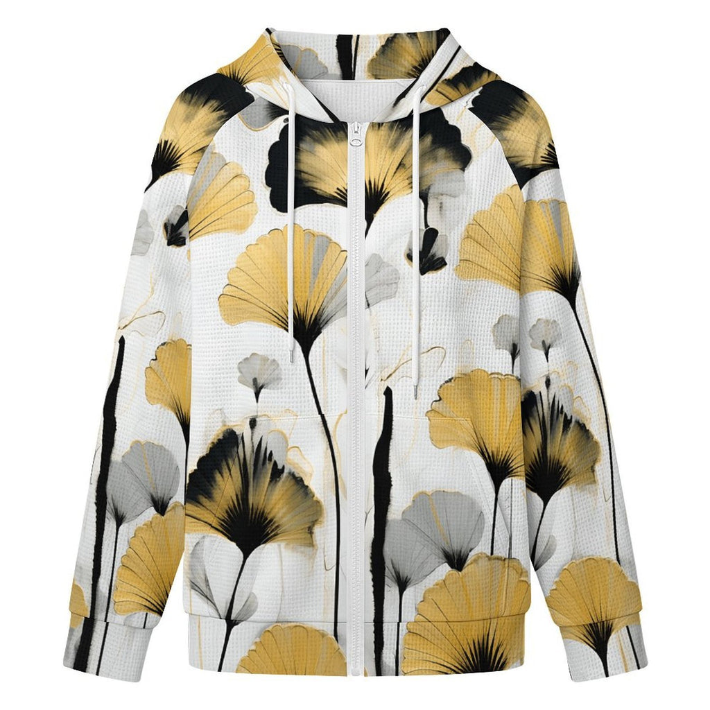 Golden Ginkgo - Women's Full-zip Hoodie with Drawstring