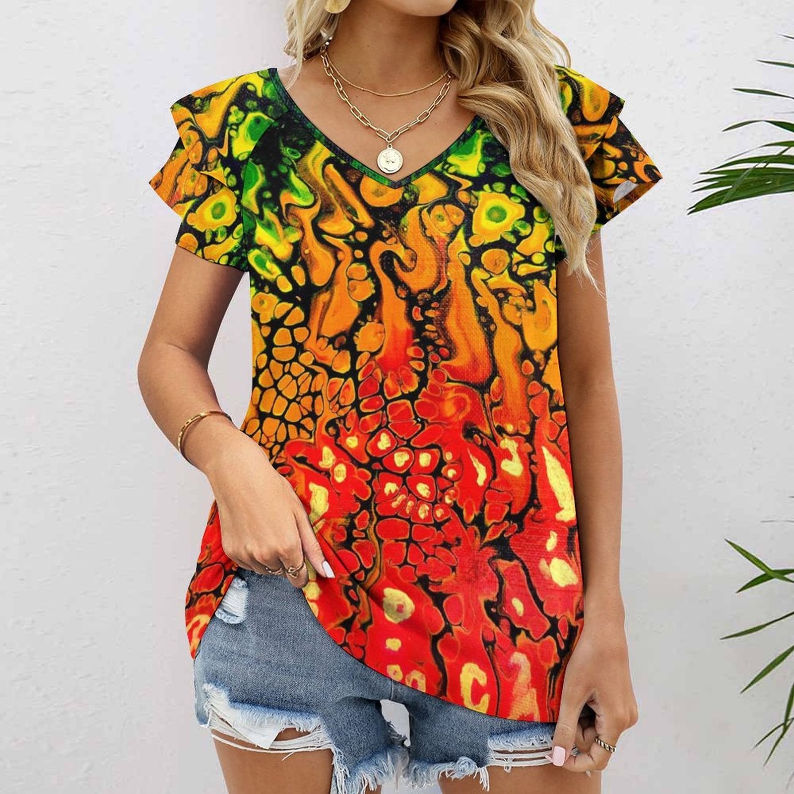 Fire Women's Ruffle Sleeve V-Neck T-Shirt