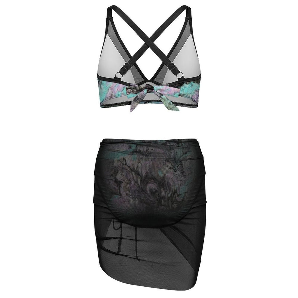 Turquoise Splash - Design Women's Mesh Drawstring Skirt and Swimsuit Set