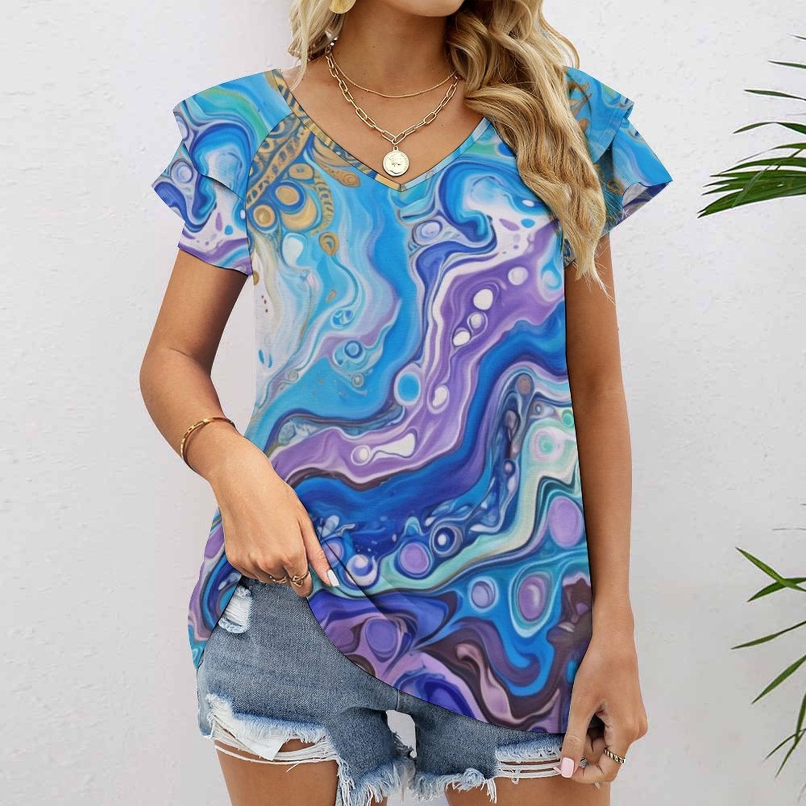 Mandala Sun Women's Ruffle Sleeve V-Neck T-Shirt