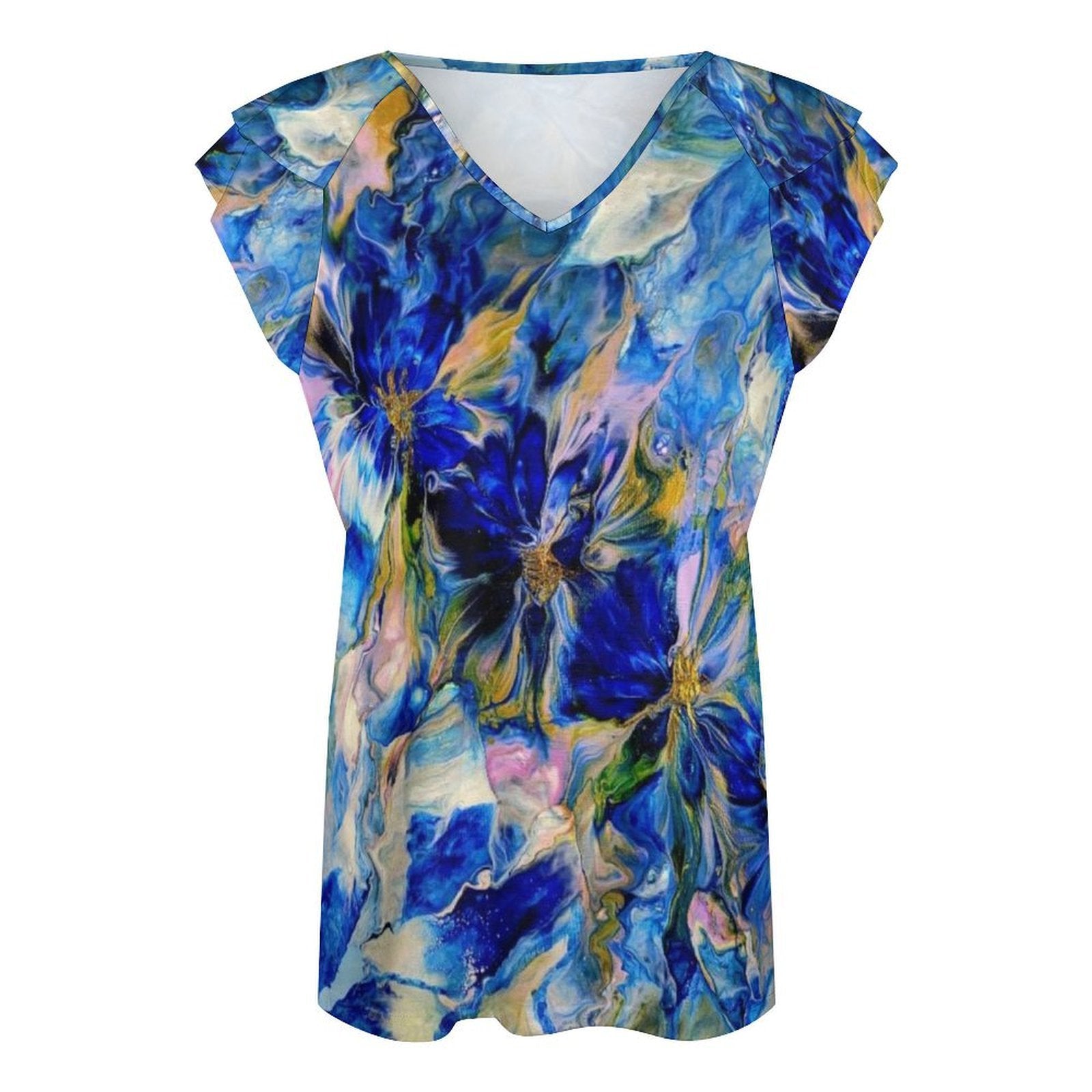Royal Blue Garden Women's Ruffle Sleeve V-Neck T-Shirt