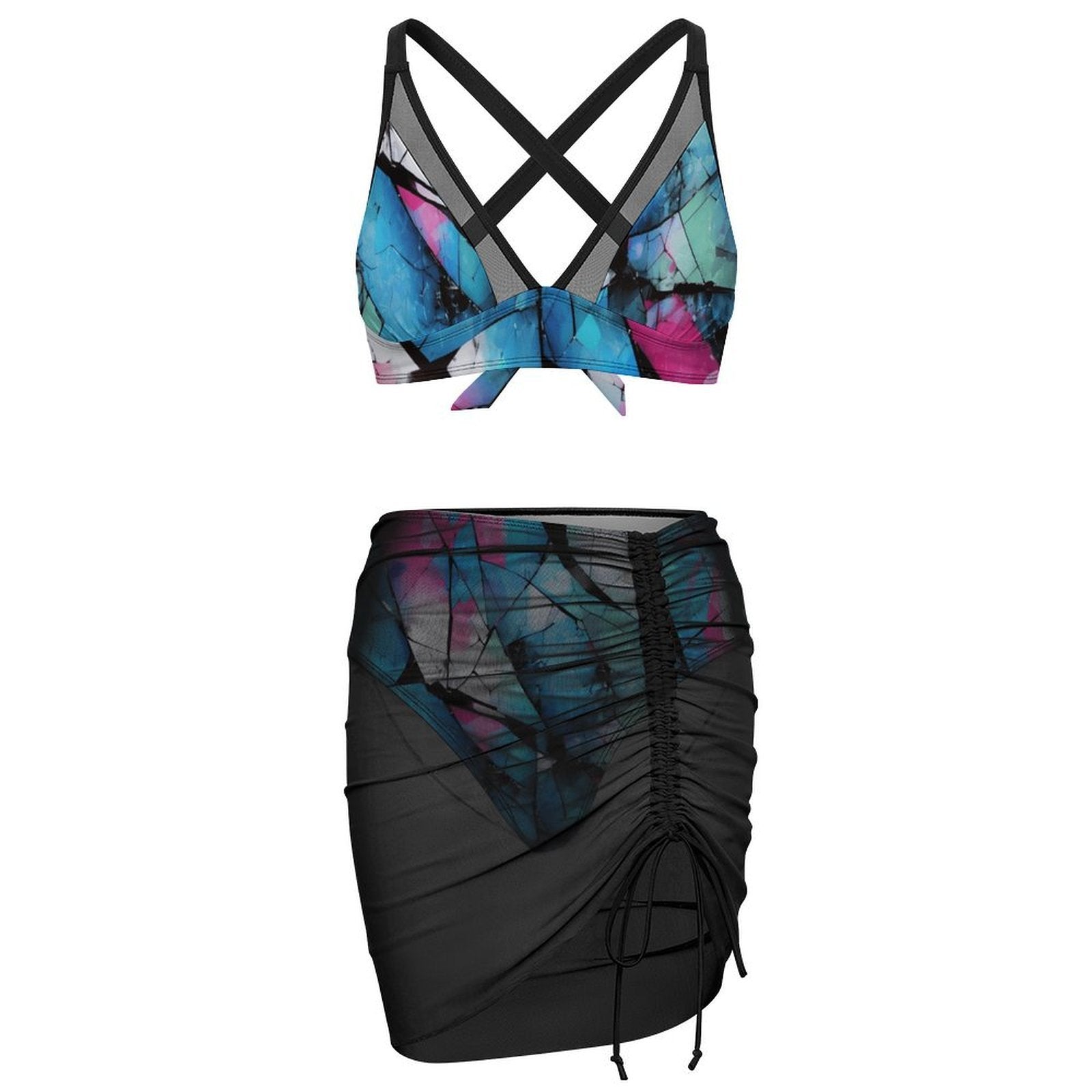 Mystical Mosaic Women's Mesh Drawstring Skirt and Swimsuit Set