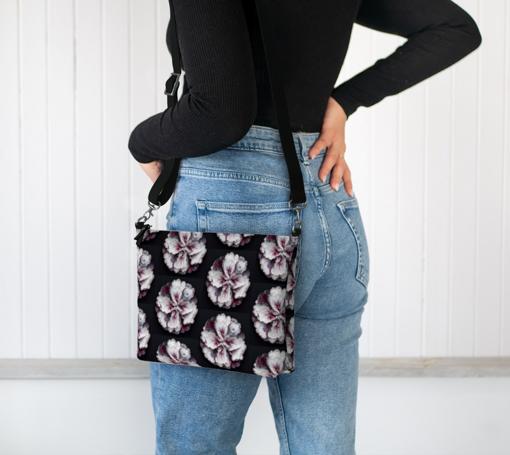 Floral Black - Vegan Leather Crossbody Purse