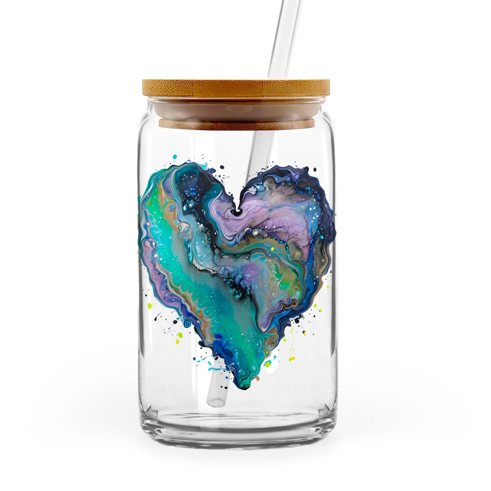 Fluid Art Heart - 16oz Glass Can with Bamboo Lid & Straw