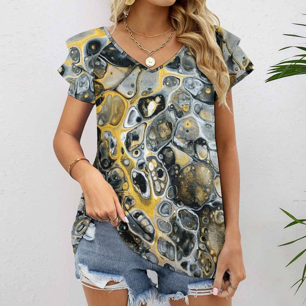 Stone Art Women's Ruffle Sleeve V-Neck T-Shirt