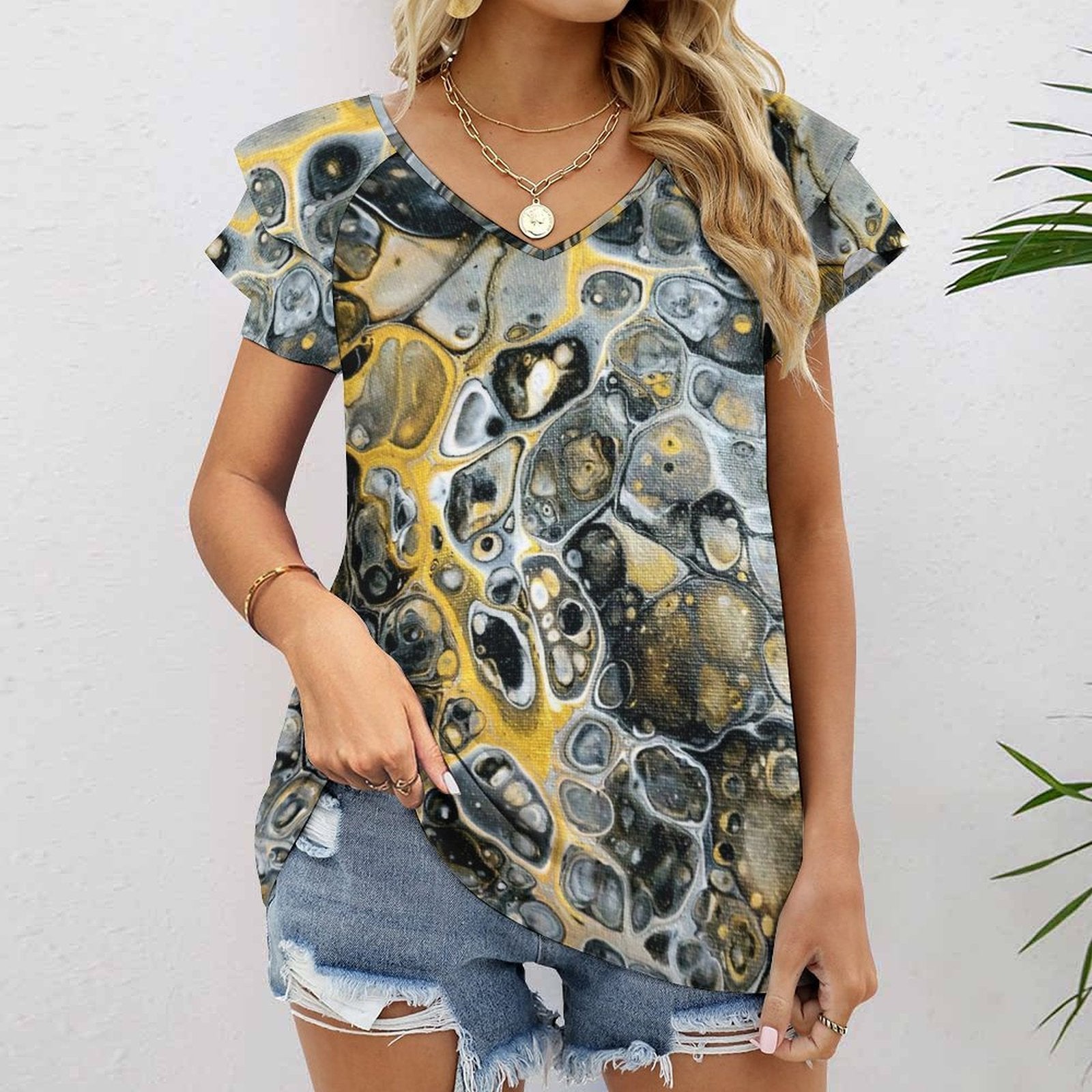 Stone Art Women's Ruffle Sleeve V-Neck T-Shirt