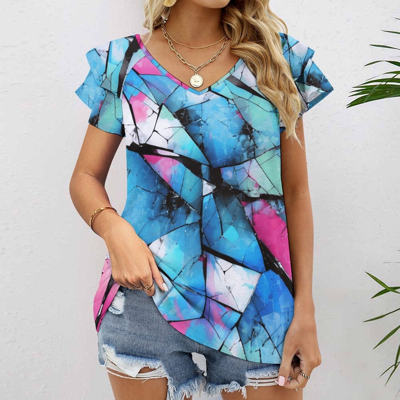 Mystical Mosaic - Women's Ruffle Sleeve V-Neck T-Shirt