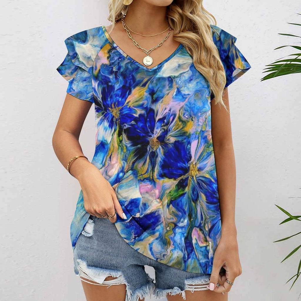 Royal Blue Garden Women's Ruffle Sleeve V-Neck T-Shirt