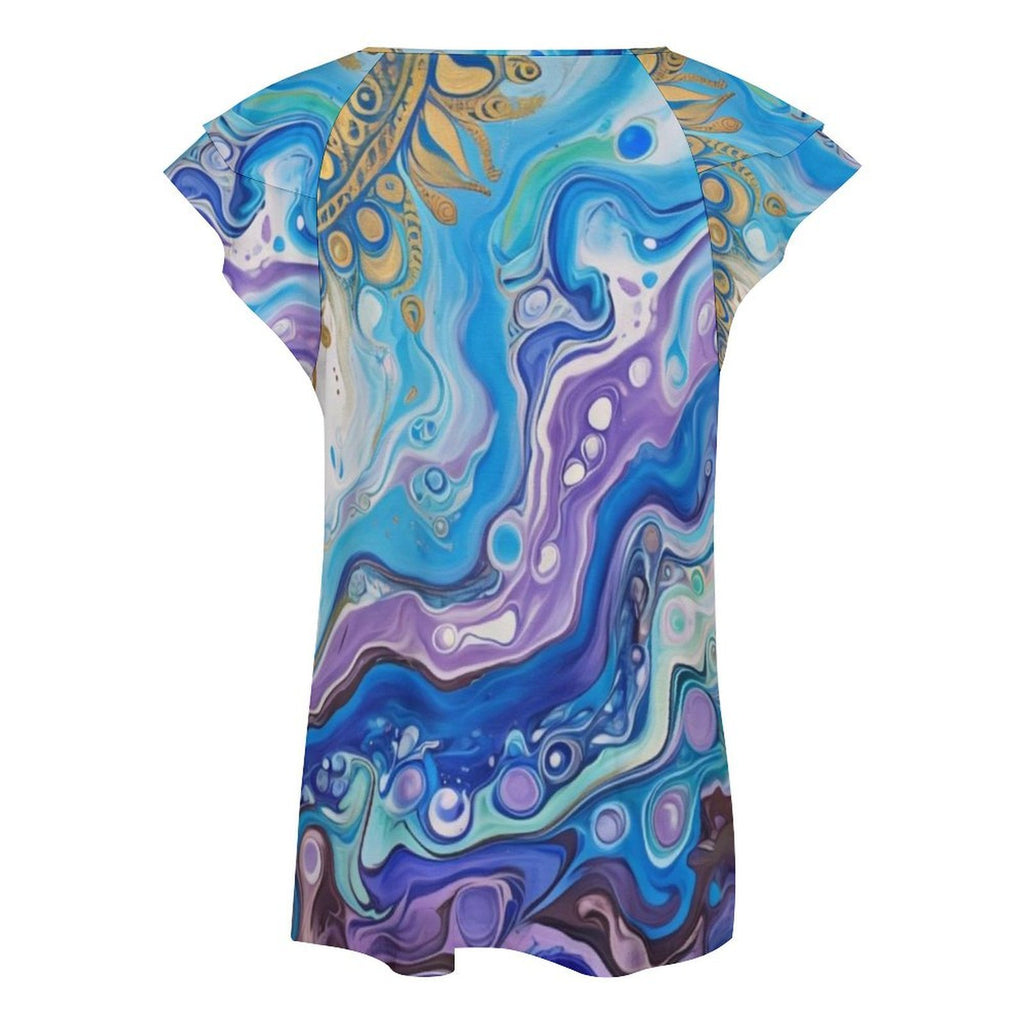 Mandala Sun Women's Ruffle Sleeve V-Neck T-Shirt