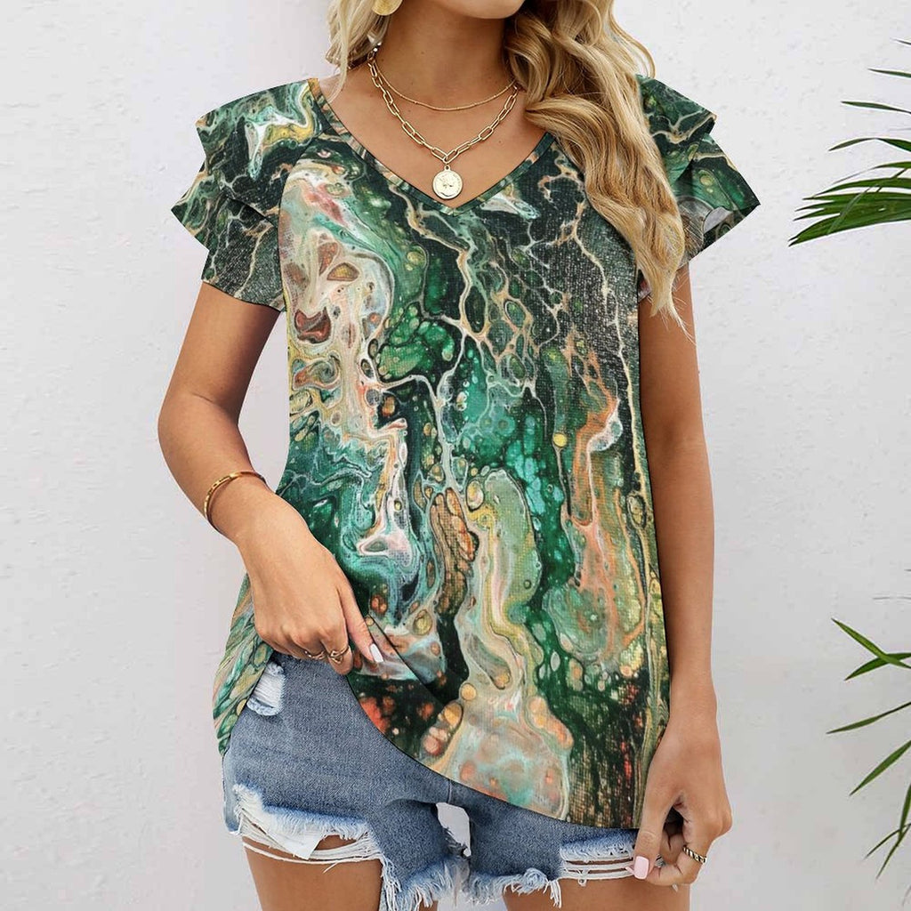 Fall Women's Ruffle Sleeve V-Neck T-Shirt