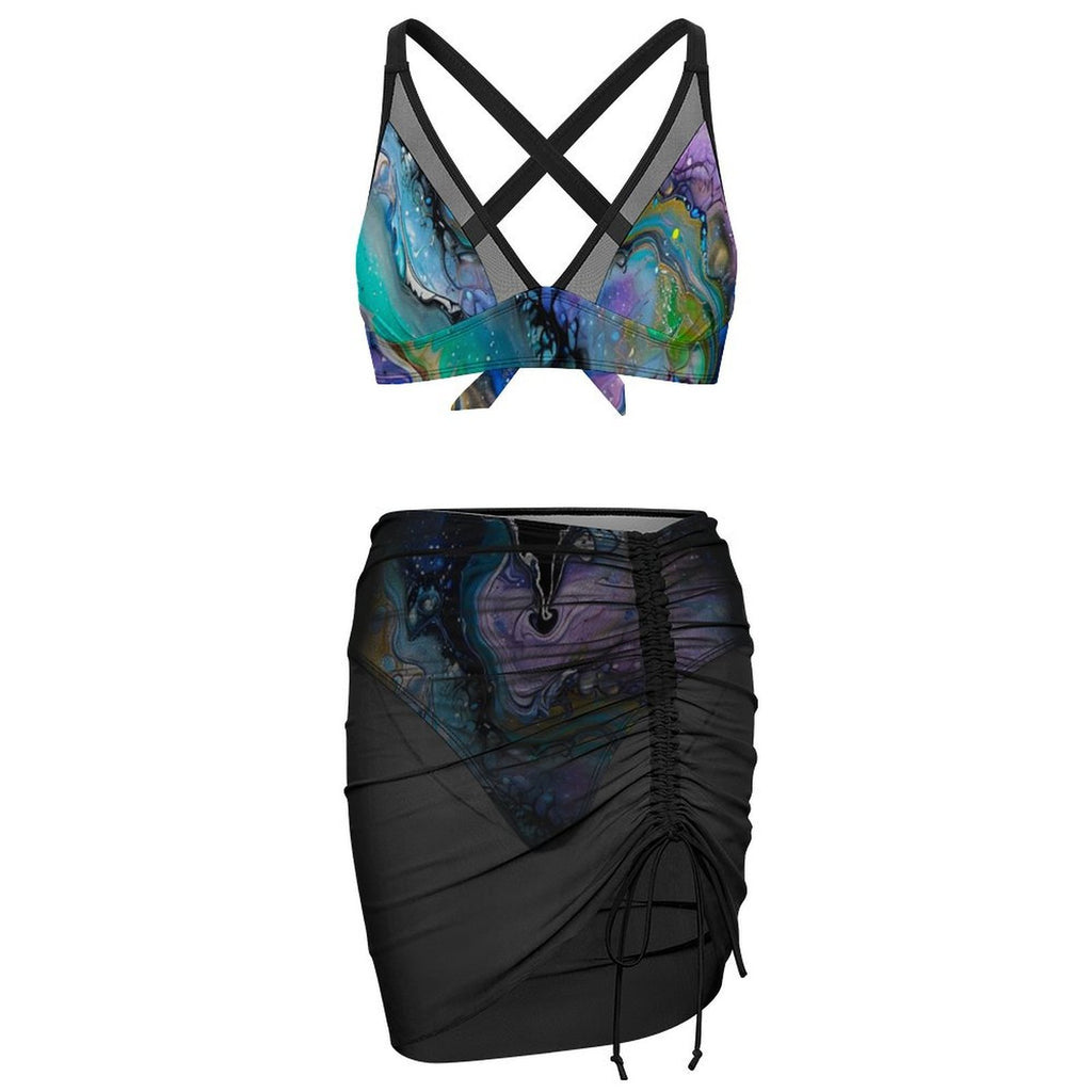 Fluid Art Heart - Design Women's Mesh Drawstring Skirt and Swimsuit Set