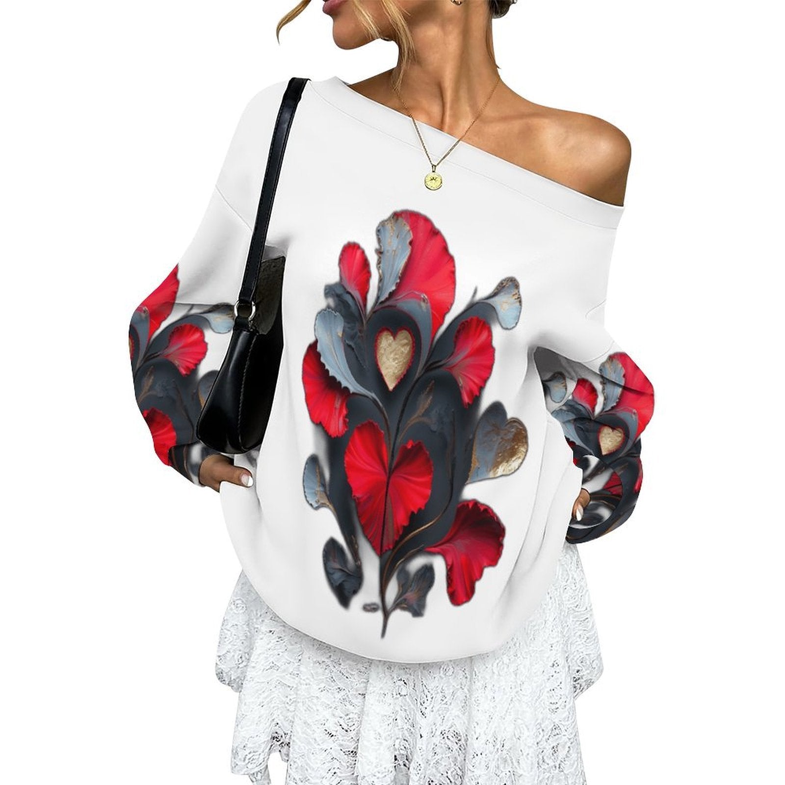 Vibrant Abstract Hearts - Women's Off-shoulder Long Sleeve Sweatshirt