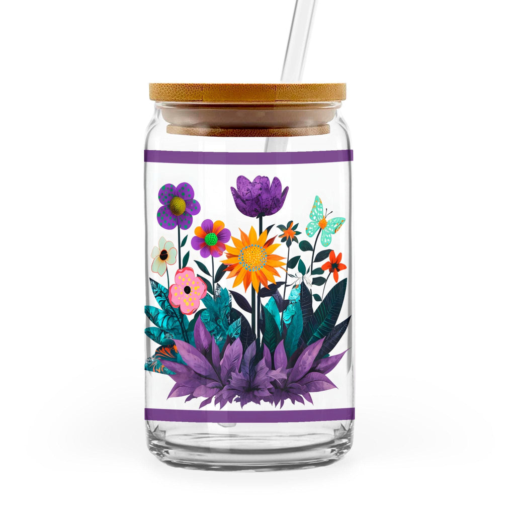 Abstract Purple Garden - 16oz Glass Can with Bamboo Lid & Straw