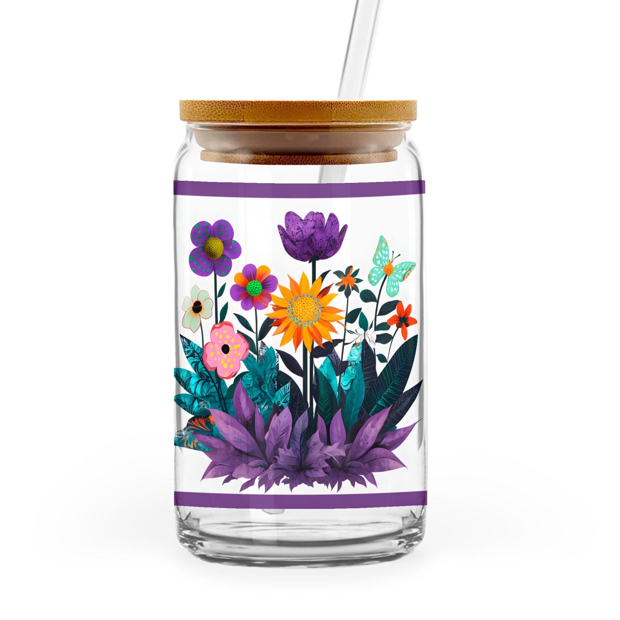 Abstract Purple Garden - 16oz Glass Can with Bamboo Lid & Straw