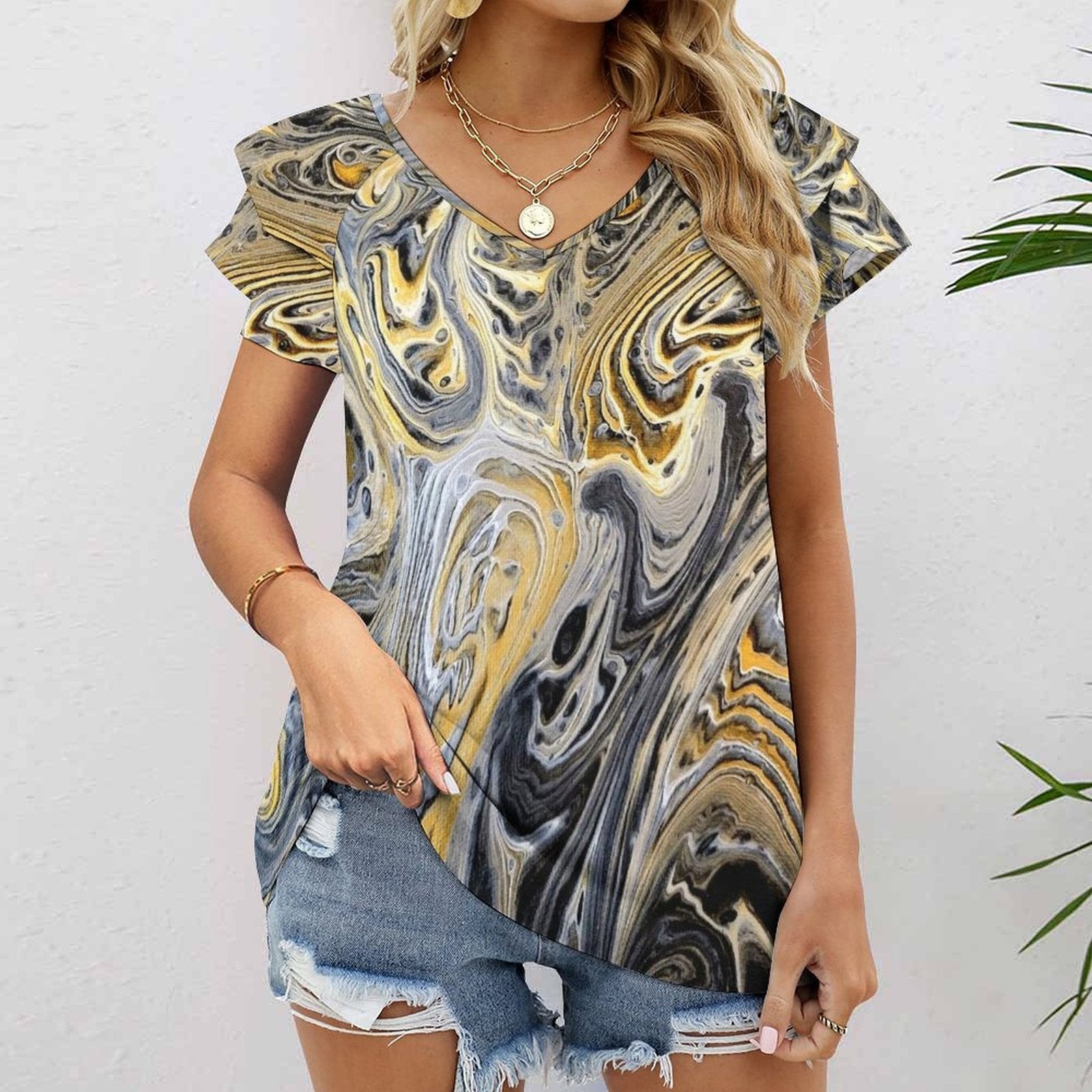 Metallurgy Women's Ruffle Sleeve V-Neck T-Shirt