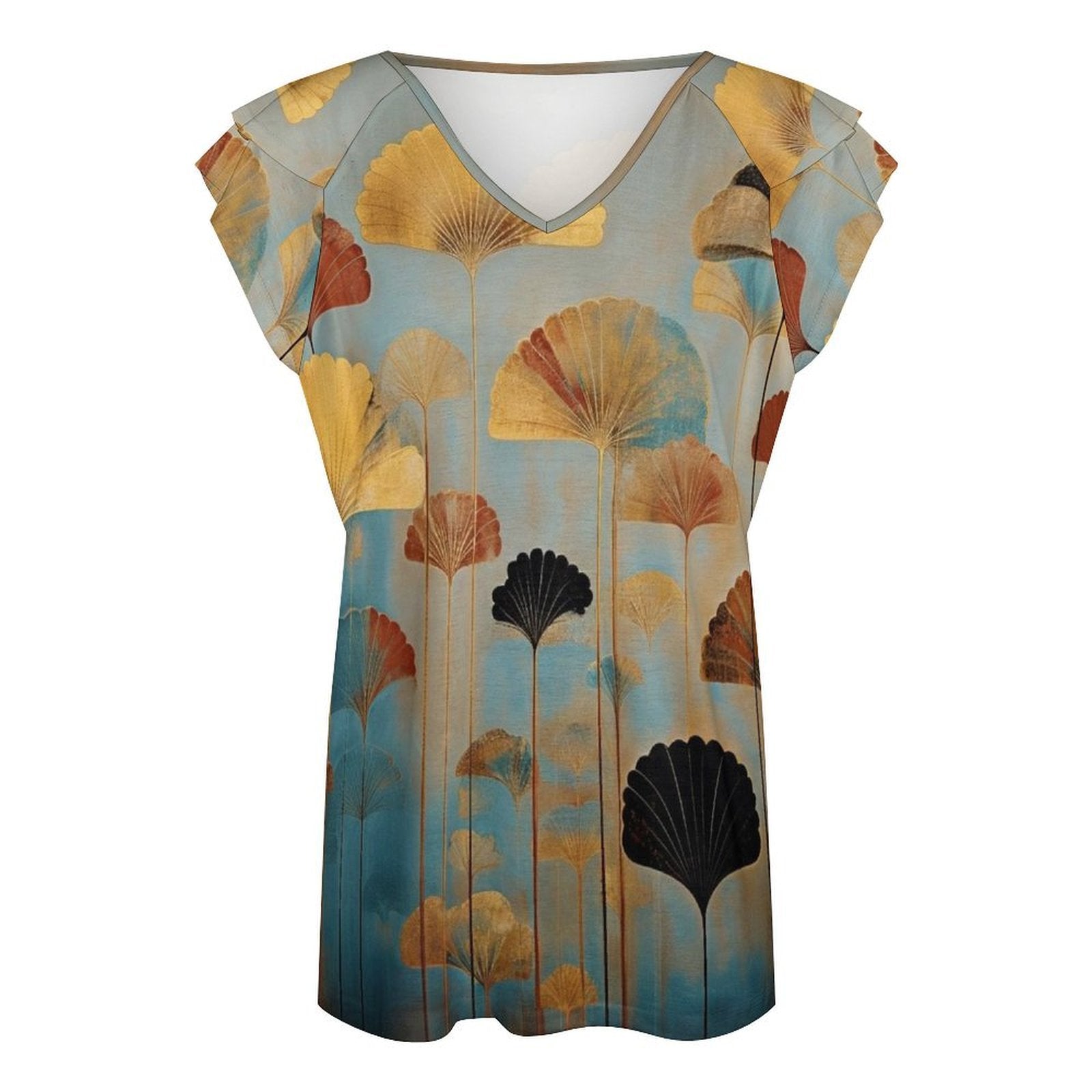 Fan-tasy Women's Ruffle Sleeve V-Neck T-Shirt