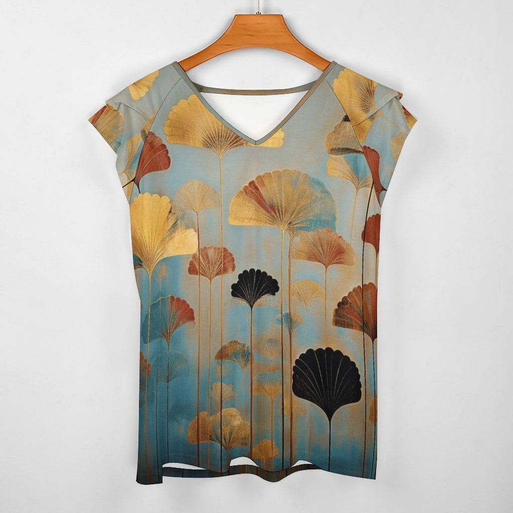 Fan-tasy Women's Ruffle Sleeve V-Neck T-Shirt