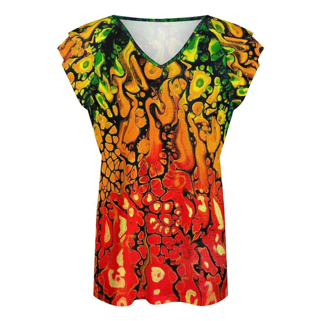Fire Women's Ruffle Sleeve V-Neck T-Shirt