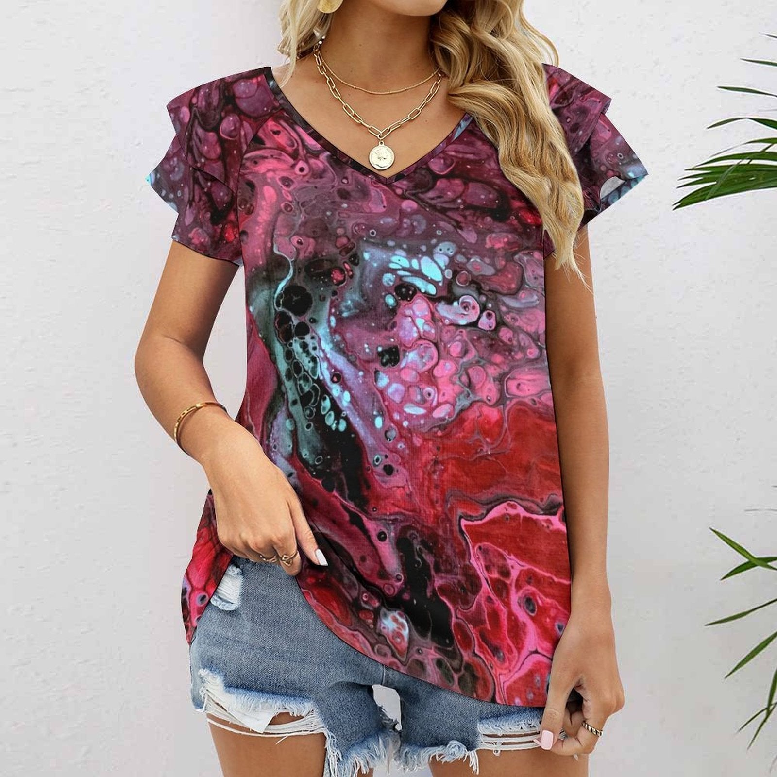 Deep Magenta Women's Ruffle Sleeve V-Neck T-Shirt