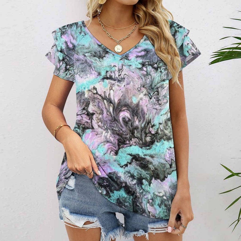 Turquoise Splash Women's Ruffle Sleeve V-Neck T-Shirt