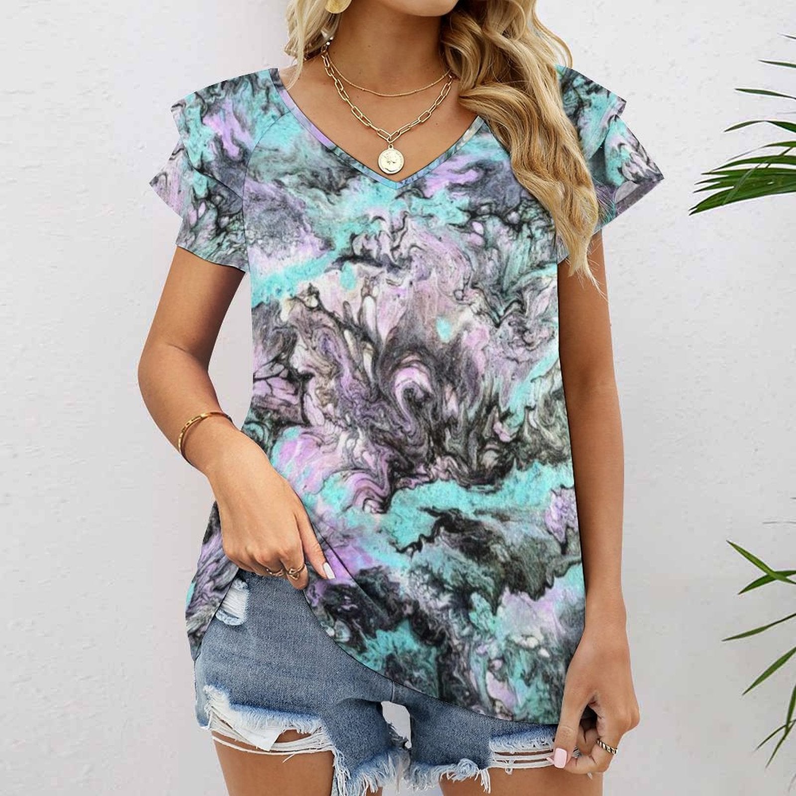Turquoise Splash Women's Ruffle Sleeve V-Neck T-Shirt