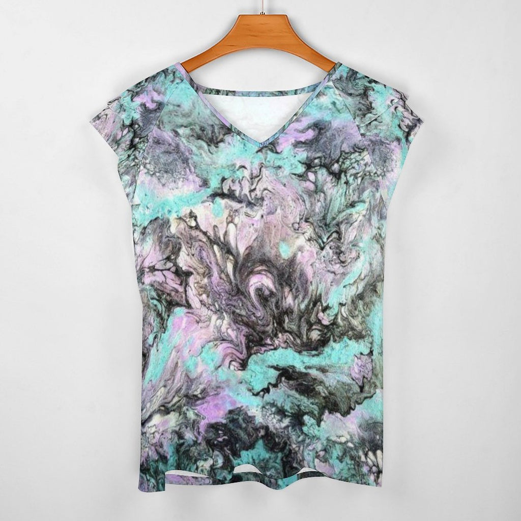 Turquoise Splash Women's Ruffle Sleeve V-Neck T-Shirt