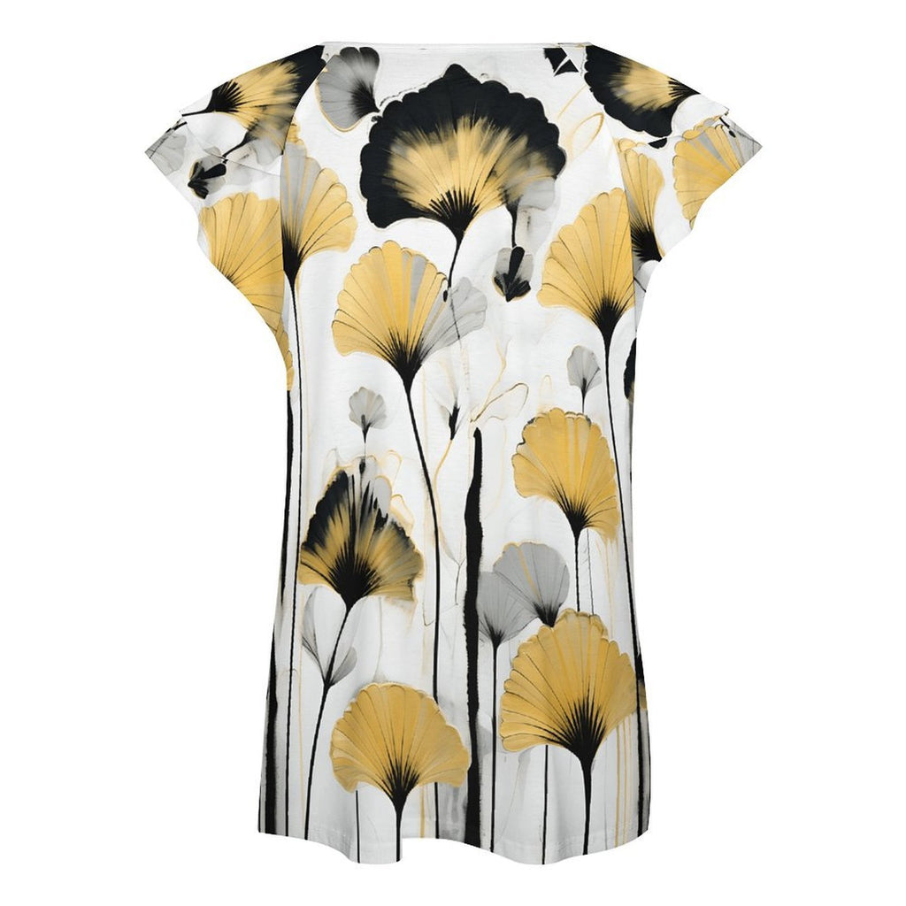 Golden Ginkgo Women's Ruffle Sleeve V-Neck T-Shirt