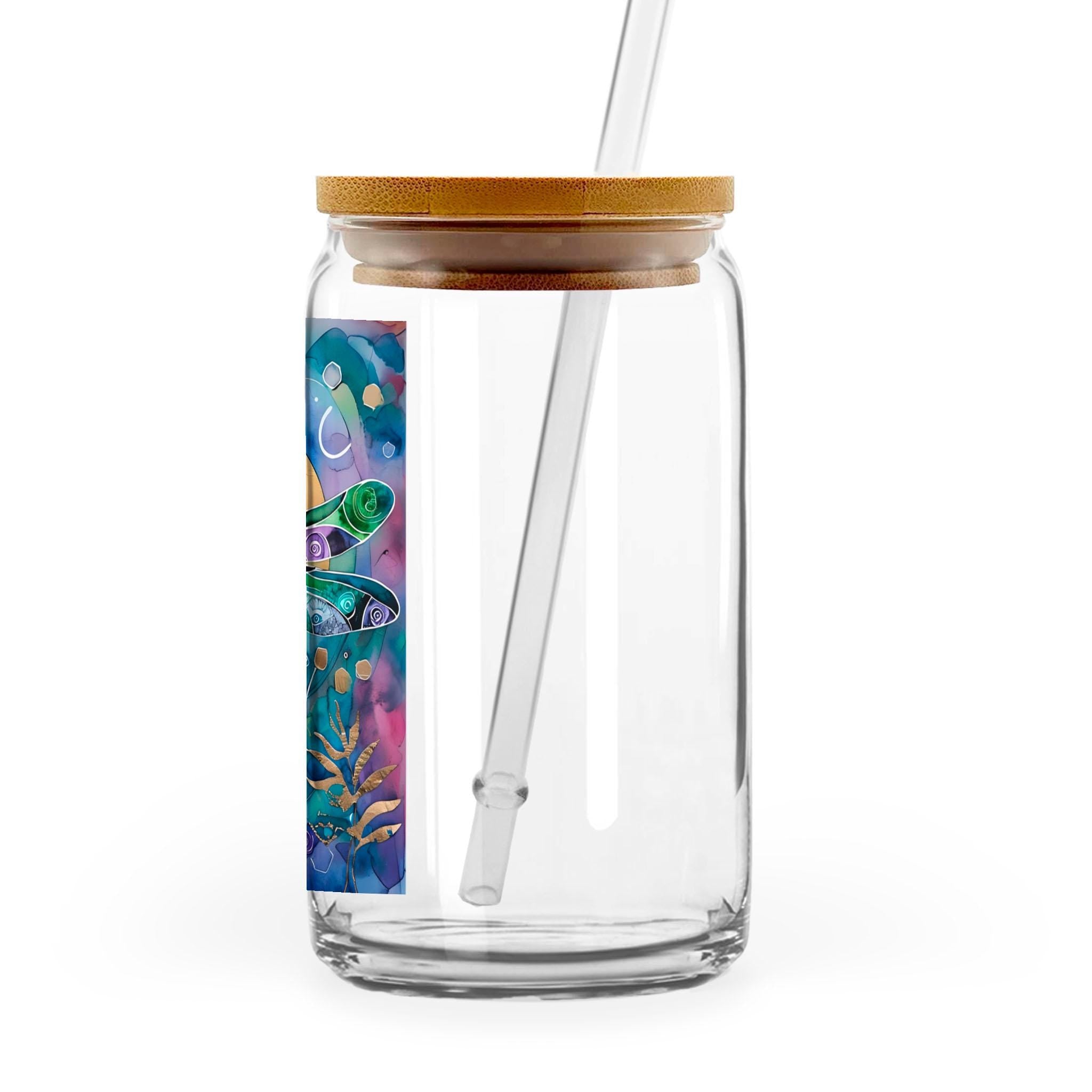 Dragonfly Sun - 16oz Glass Can with Bamboo Lid & Straw