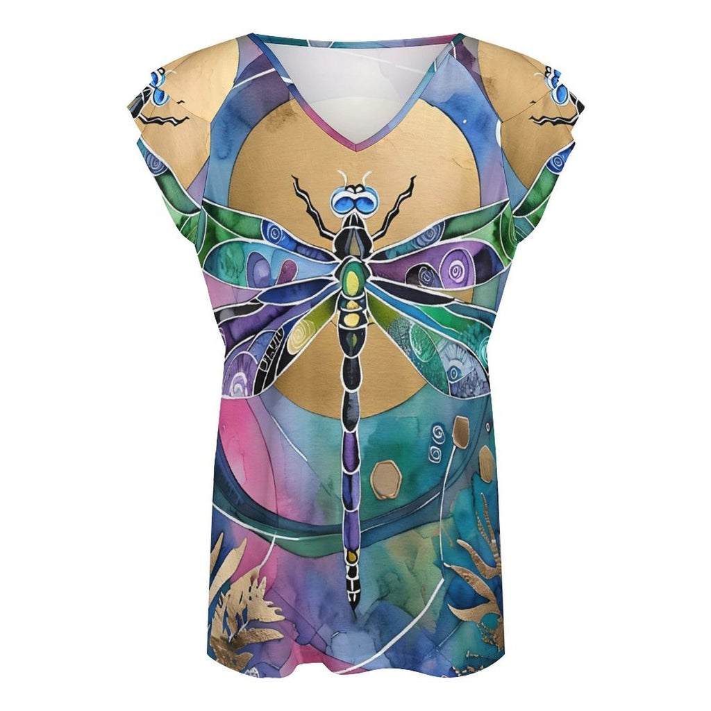 Dragonfly Sun Women's Ruffle Sleeve V-Neck T-Shirt