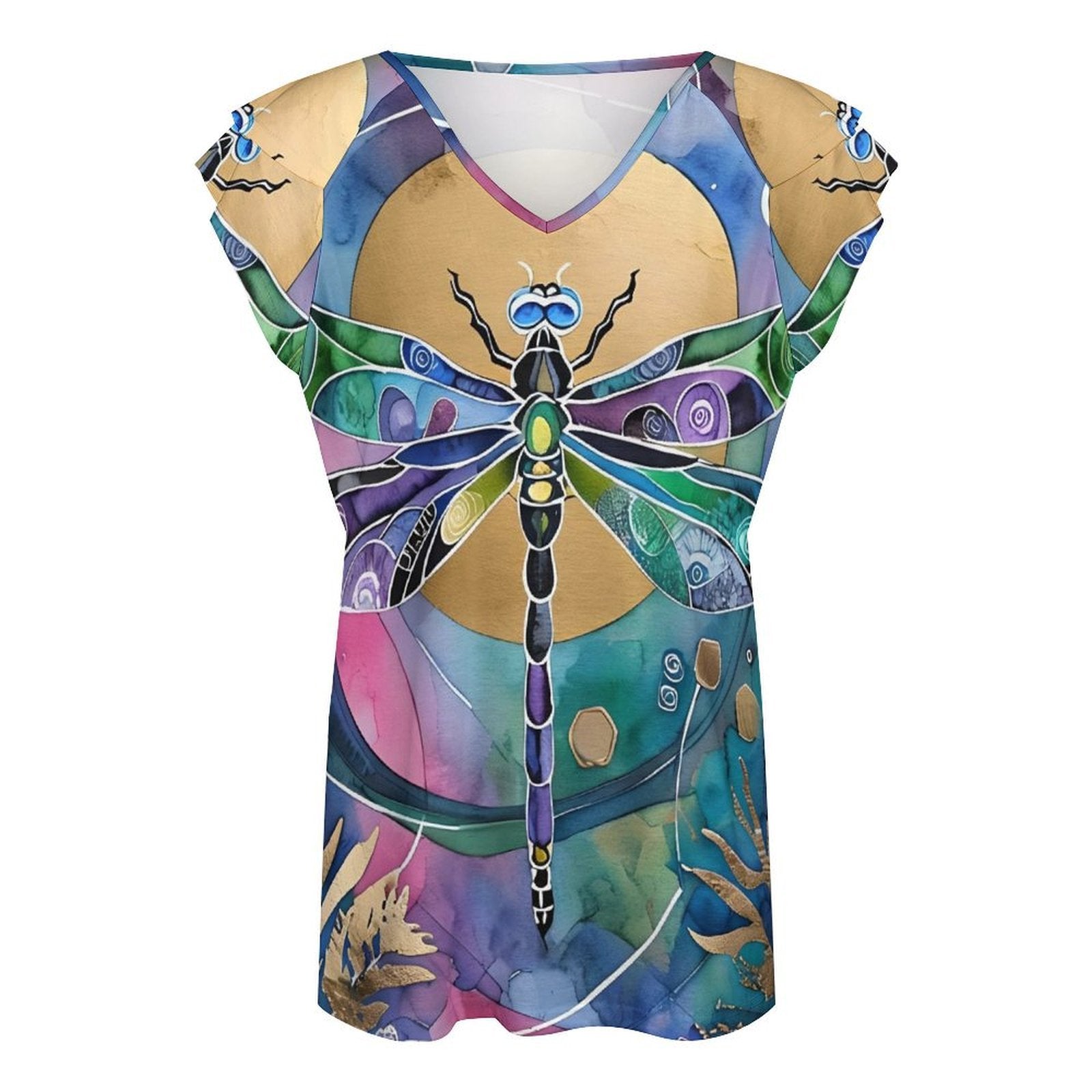 Dragonfly Sun Women's Ruffle Sleeve V-Neck T-Shirt