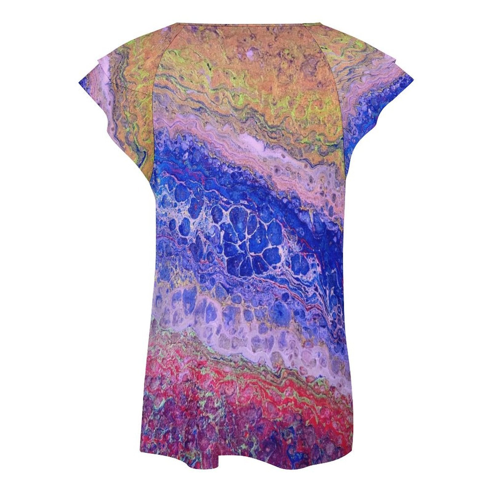 Tie-Dye Delight Women's Ruffle Sleeve V-Neck T-Shirt