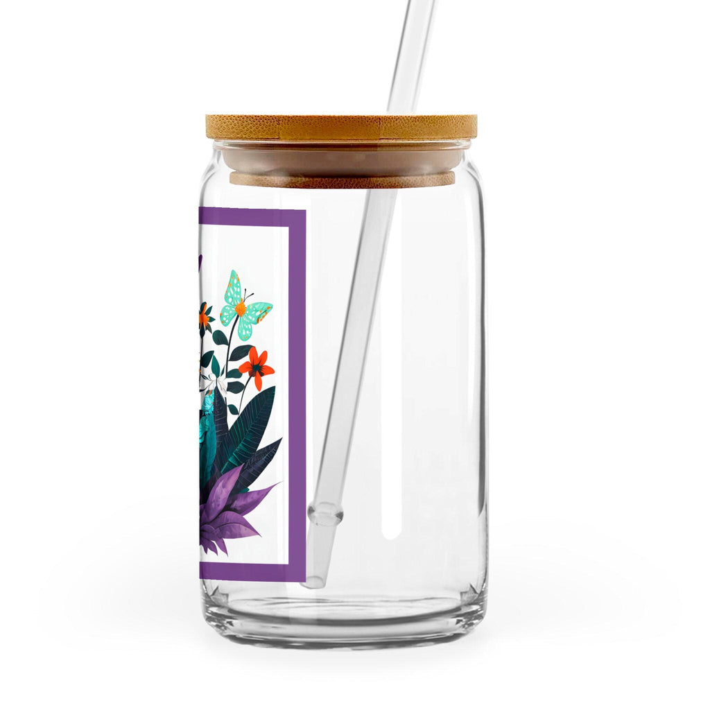 Abstract Purple Garden - 16oz Glass Can with Bamboo Lid & Straw