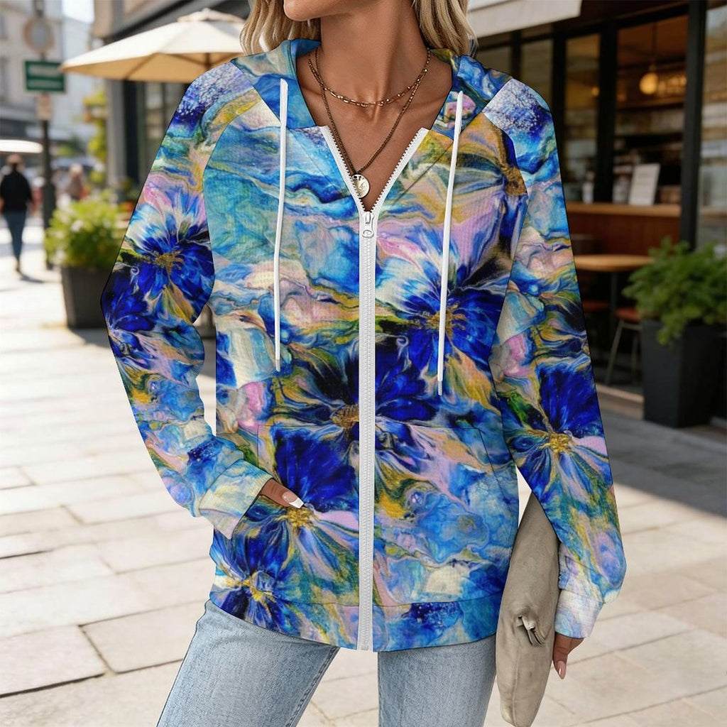 Royal Blue Garden - Women's Full-zip Hoodie with Drawstring