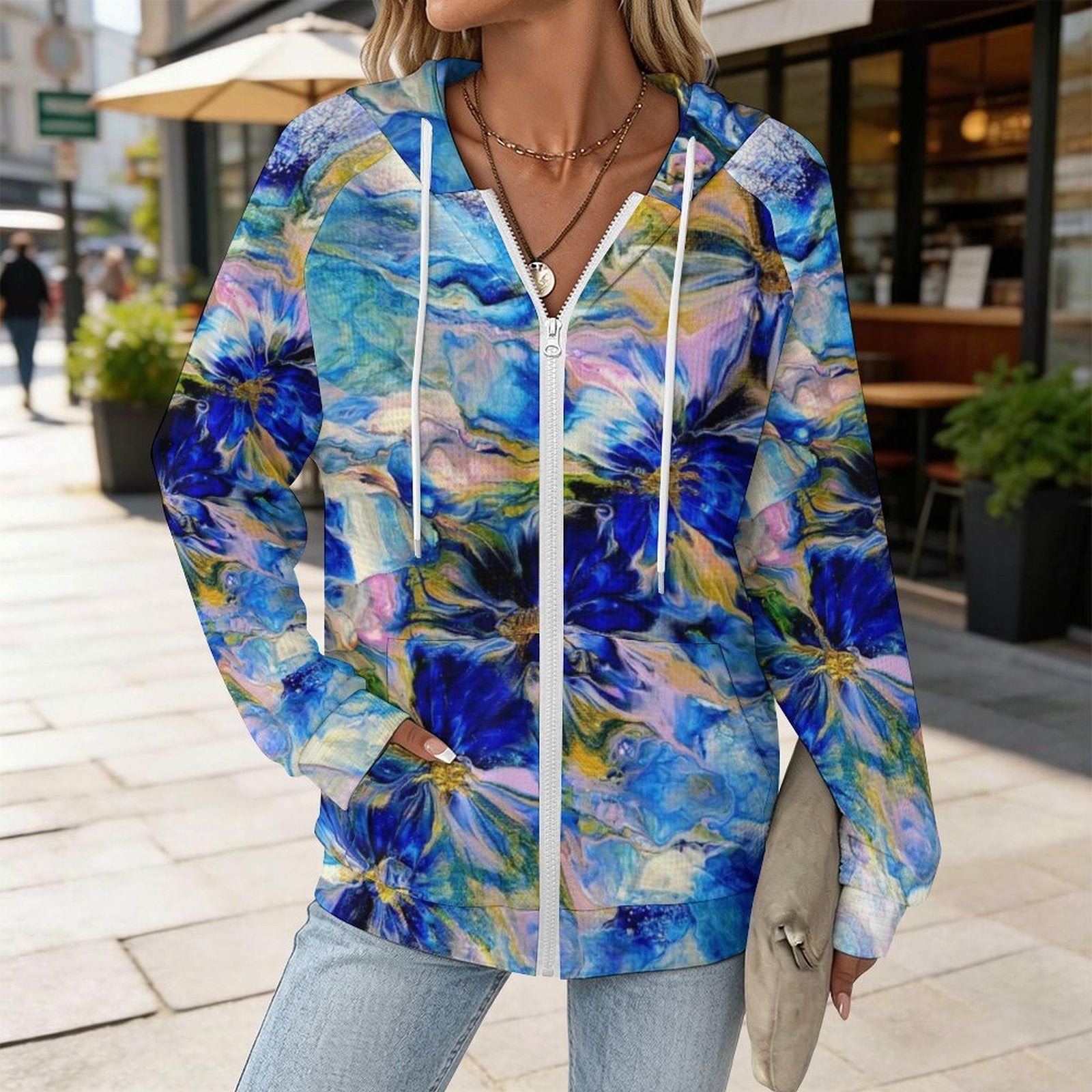 Royal Blue Garden - Women's Full-zip Hoodie with Drawstring