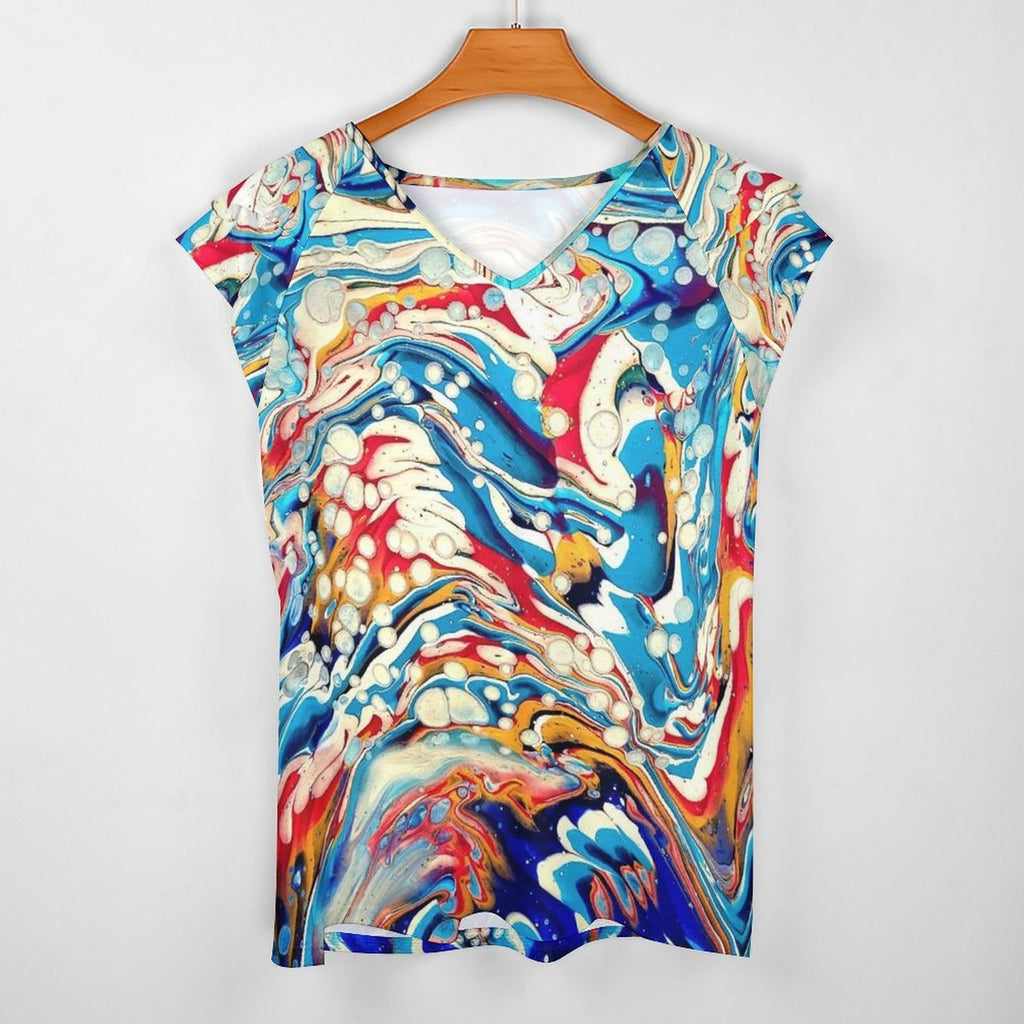 Color Me Happy Women's Ruffle Sleeve V-Neck T-Shirt
