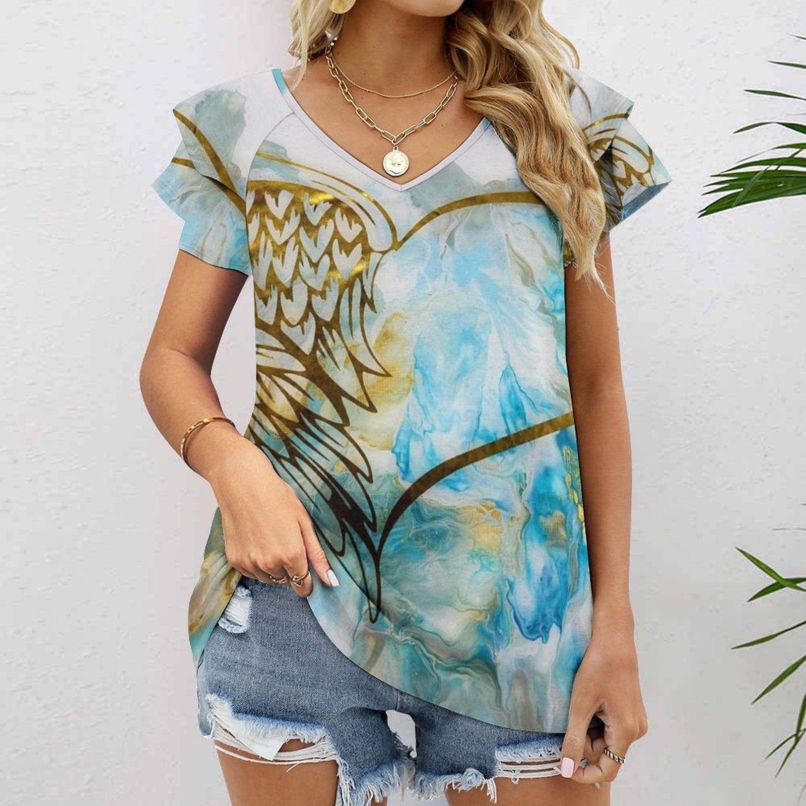 My Guardian Women's Ruffle Sleeve V-Neck T-Shirt