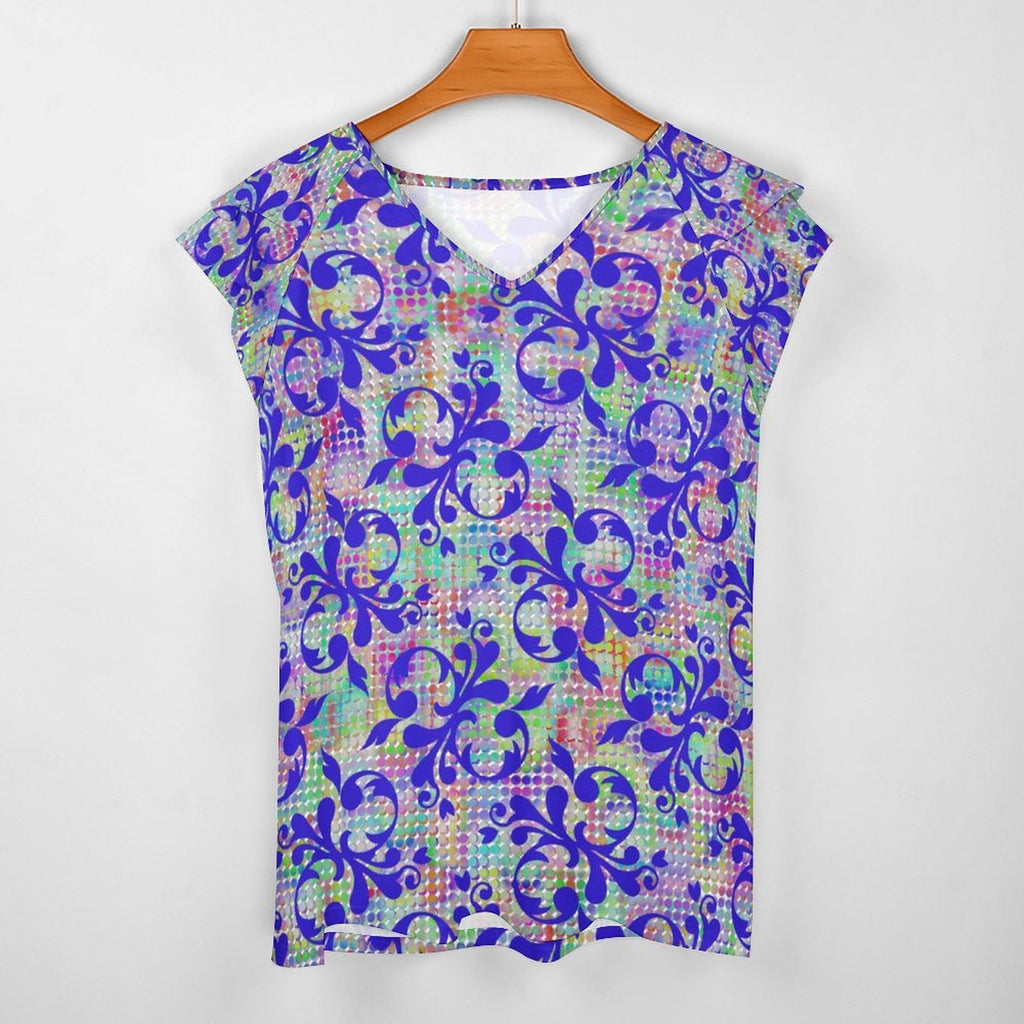 Fancy Filigree Women's Ruffle Sleeve V-Neck T-Shirt