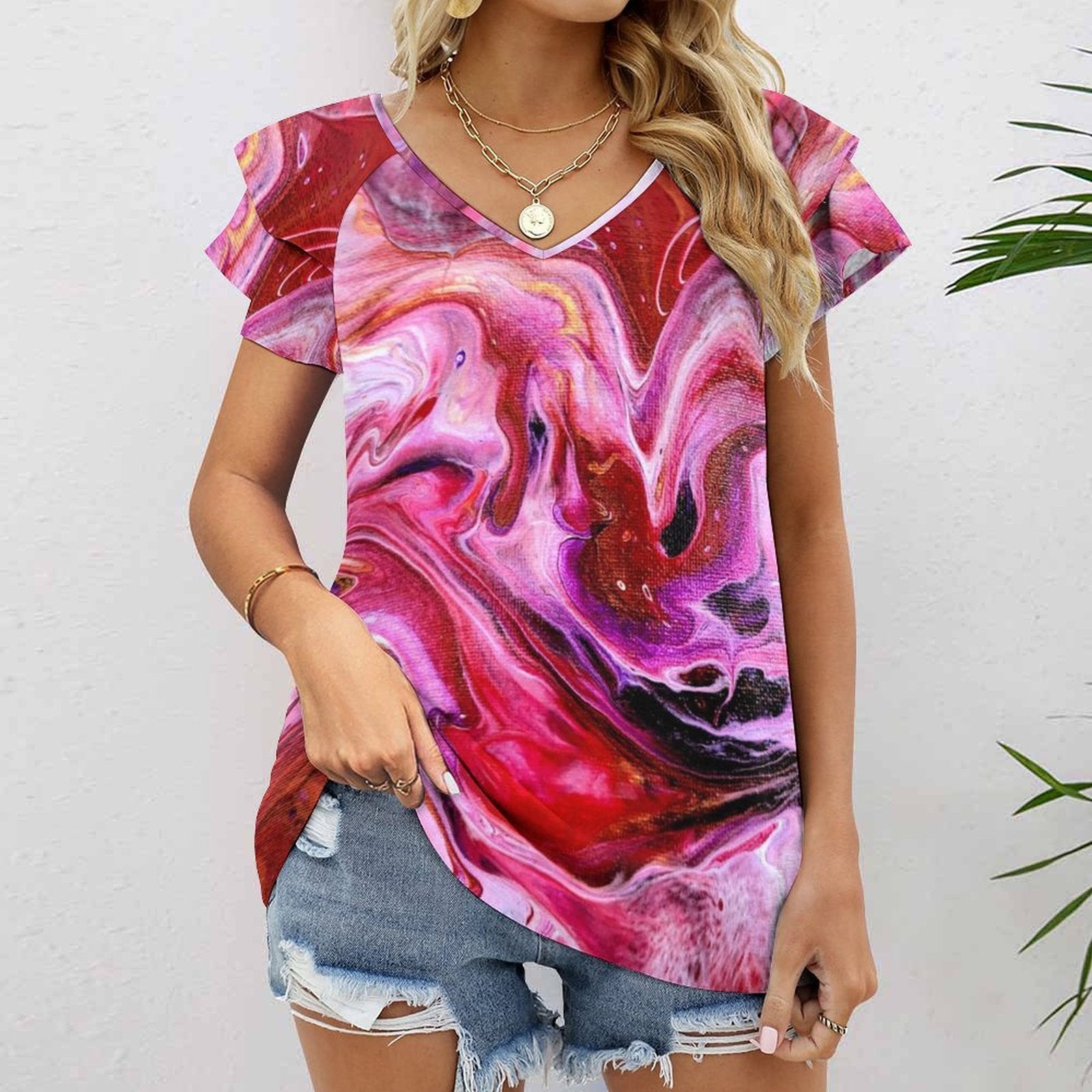 Dragon Fruit Women's Ruffle Sleeve V-Neck T-Shirt