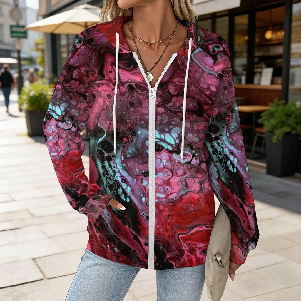 Deep Magenta - Women's Full-zip Hoodie with Drawstring