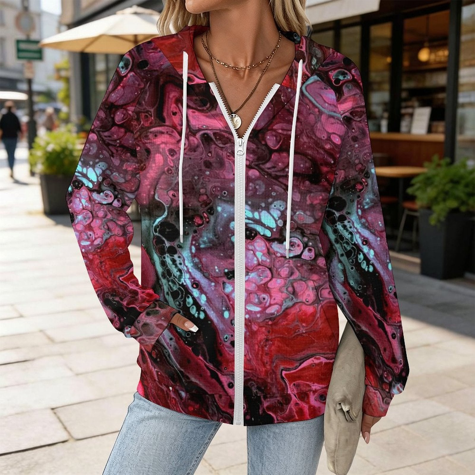 Deep Magenta - Women's Full-zip Hoodie with Drawstring