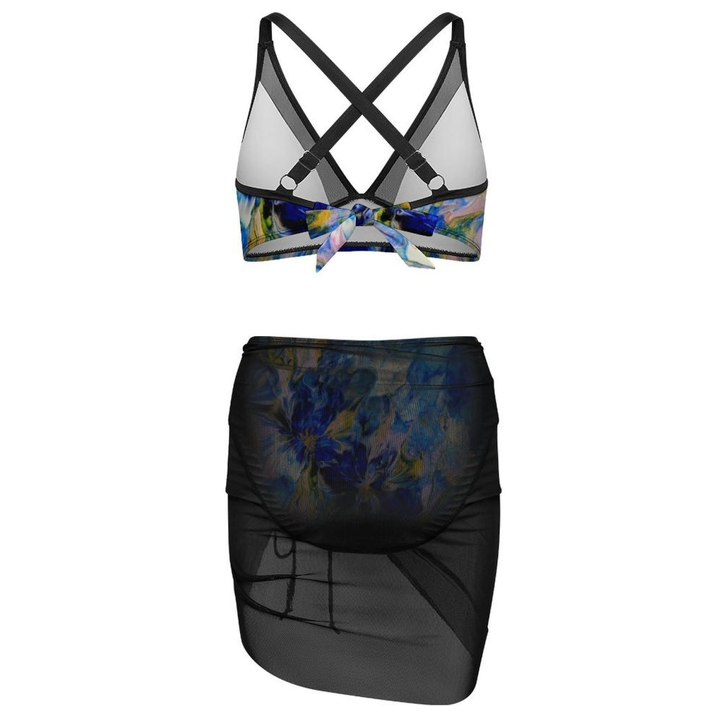 Royal Blue Garden - Design Women's Mesh Drawstring Skirt and Swimsuit Set