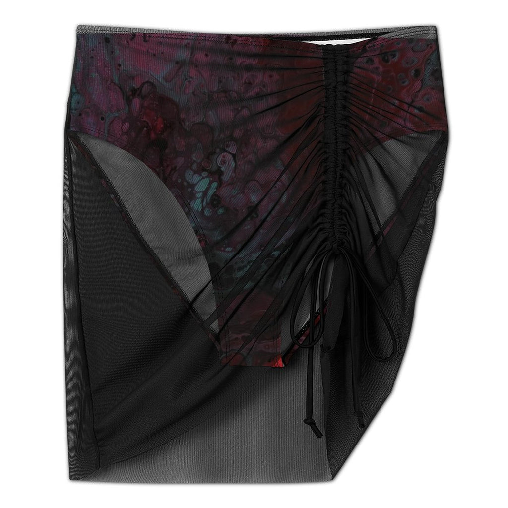 Deep Magenta Women's Mesh Drawstring Skirt and Swimsuit Set
