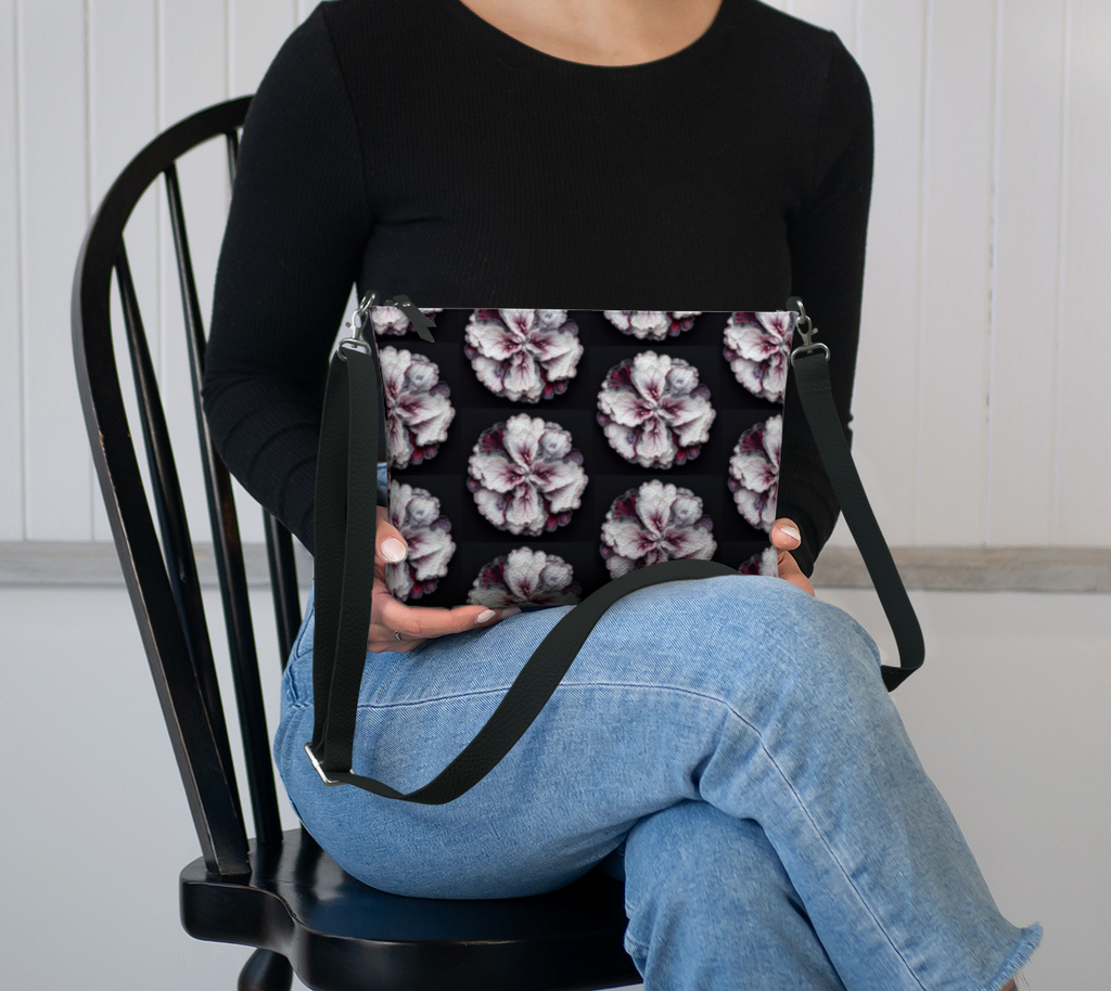 Floral Black - Vegan Leather Crossbody Purse