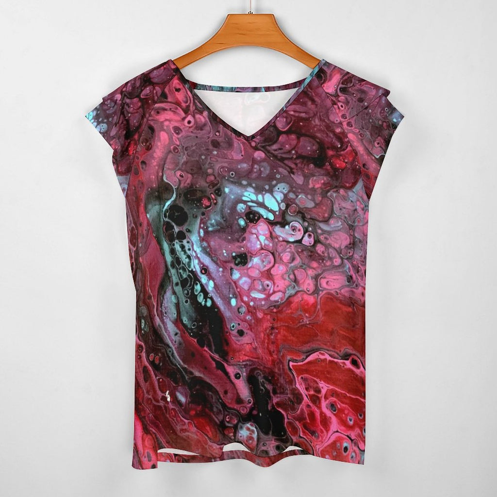 Deep Magenta Women's Ruffle Sleeve V-Neck T-Shirt