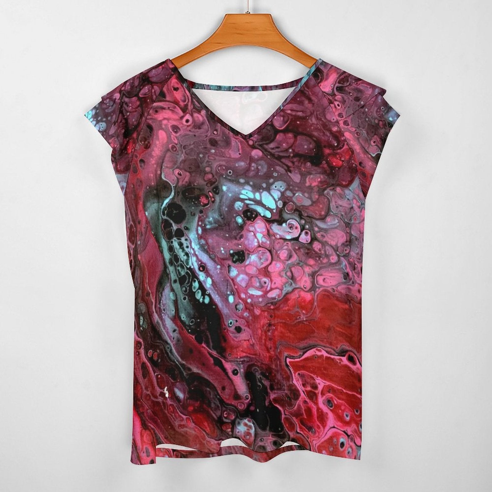 Deep Magenta Women's Ruffle Sleeve V-Neck T-Shirt