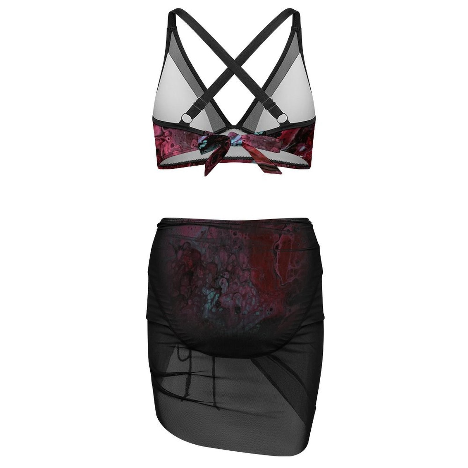 Deep Magenta - Women's Mesh Drawstring Skirt and Swimsuit Set
