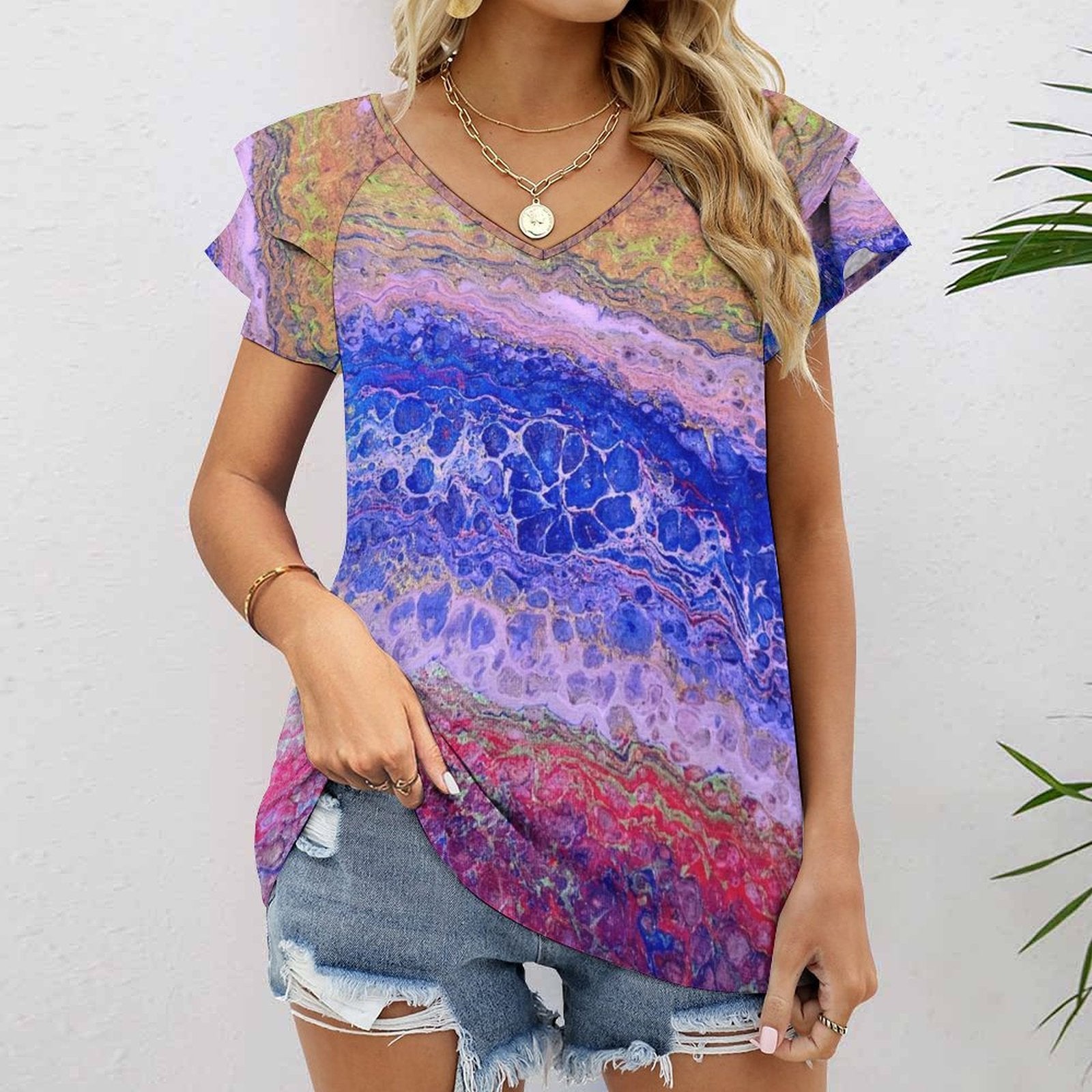Tie-Dye Delight Women's Ruffle Sleeve V-Neck T-Shirt