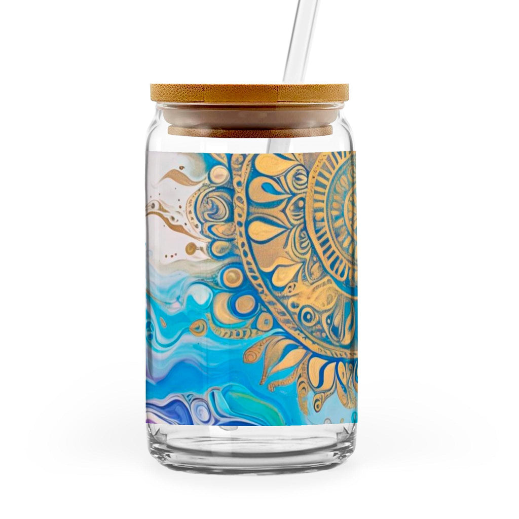 Mandala Sun - 16oz Glass Can with Bamboo Lid & Straw