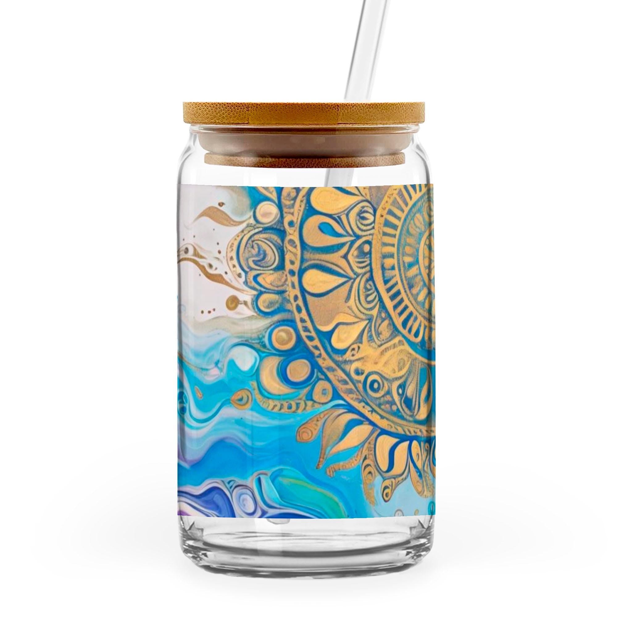 Mandala Sun - 16oz Glass Can with Bamboo Lid & Straw