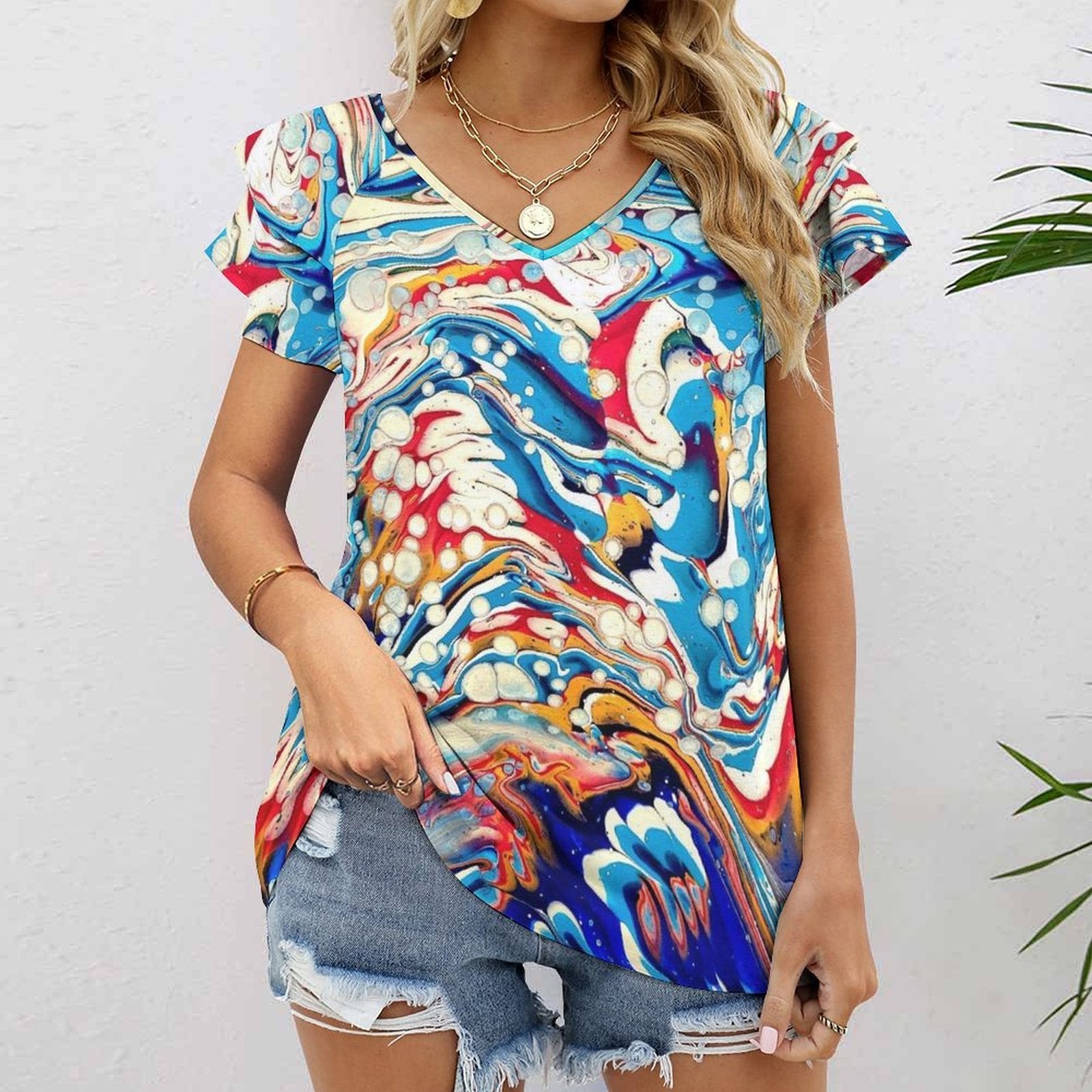 Color Me Happy Women's Ruffle Sleeve V-Neck T-Shirt